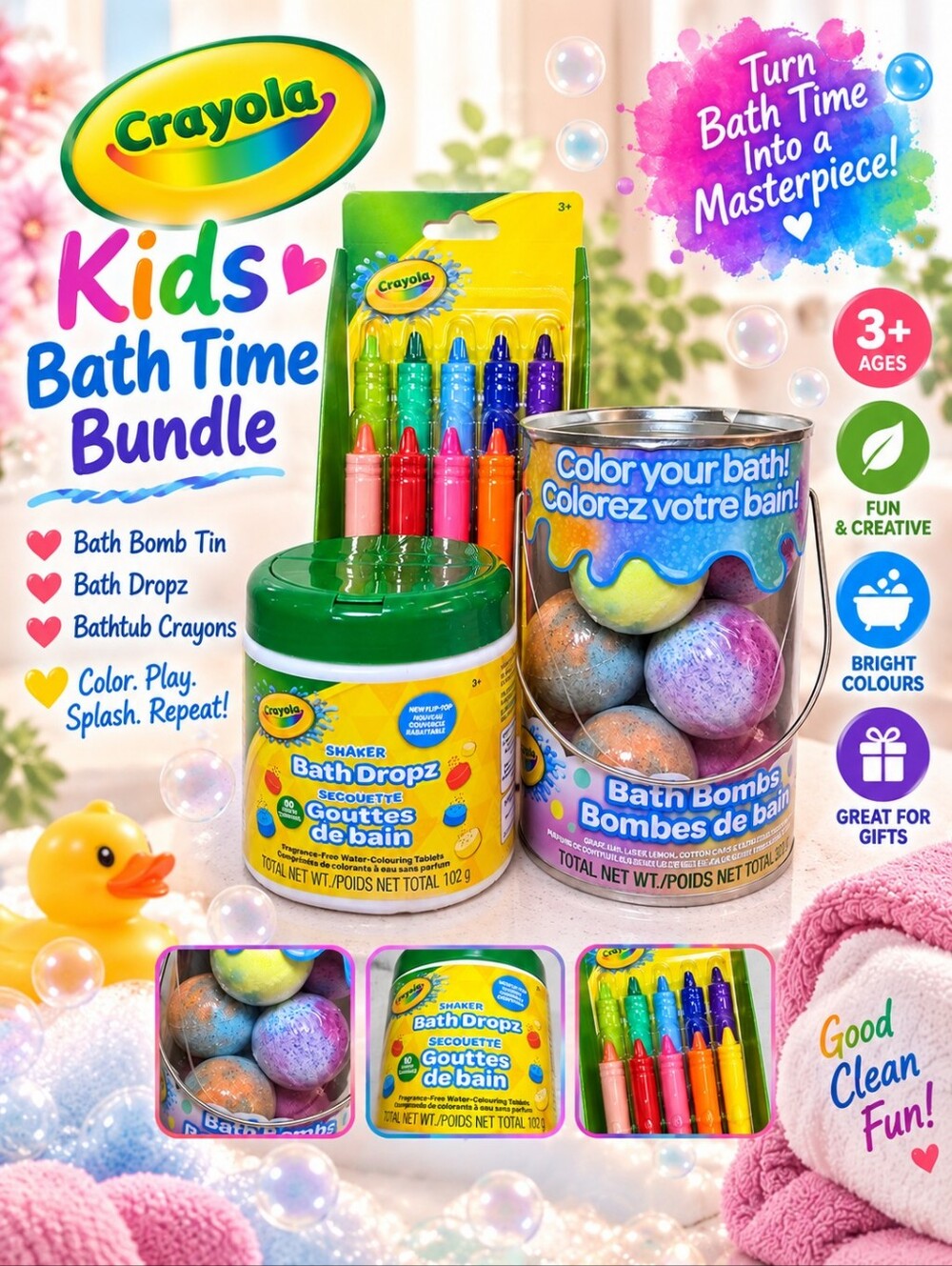 🛁 🧼 🖍Crayola Kids Bath Bomb Tin & Bath Dropz with Rainbow Bath Crayon Pack